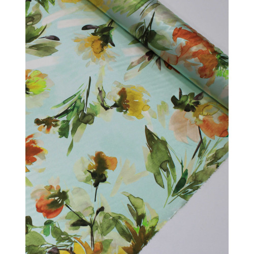 Tecido Crepe Silk Italiano Macro Ramos Florais Colorido e Verde Sálvia