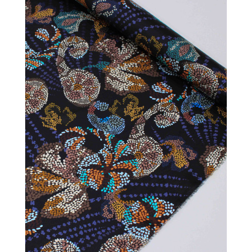Tecido Crepe Silk Italiano Cashmere Floral em Pingos Coloridos e Preto