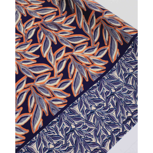 Tecido Viscose Italiano Barrado Macro Ramos Creme, Laranja e Azul Marinho