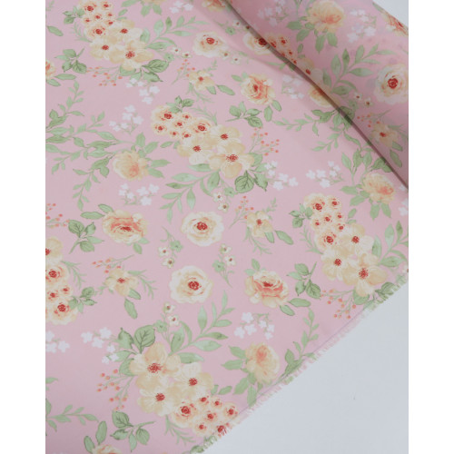 Tecido Crepe Koshibo Leve Campo Floral Bege Claro e Rosa Bebê