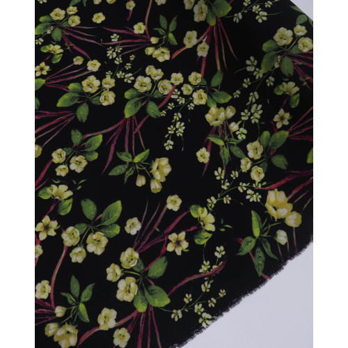 Tecido Crepe Bubble Ramos Florais Amarelo, Verde e Preto