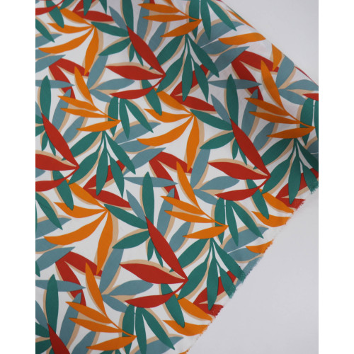 Tecido Viscose Texturizada Folhagens Terracota, Laranja e Verde