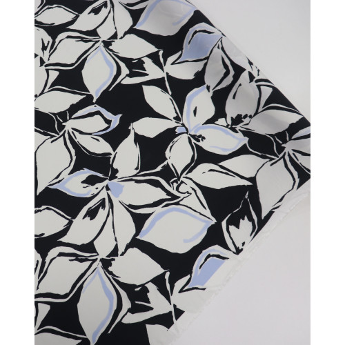 Tecido Viscose Italiano Macro Tapete Floral Azul, Branco e Preto