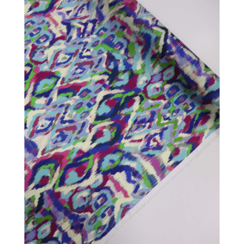Tecido Crepe Silk Italiano Estampa Étnica Colorido e Creme