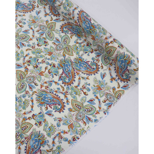 Tecido Viscose Estampa Paisley Tons Frios e Creme