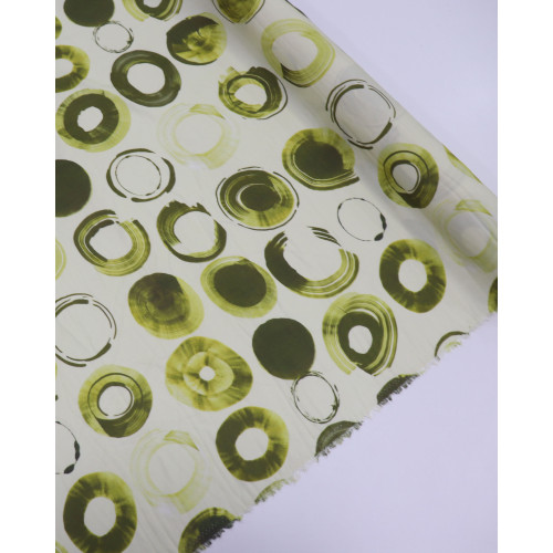 Tecido Viscose Italiano Círculos em Tie Dye Tons de Verde e Amarelo Estonado