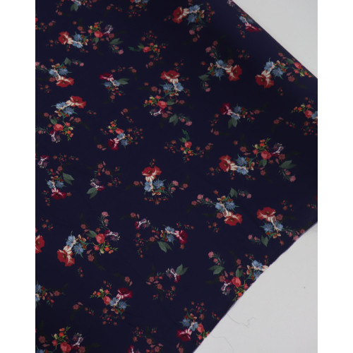 Tecido Viscose Texturizada Buquê Floral Colorido e Azul Marinho