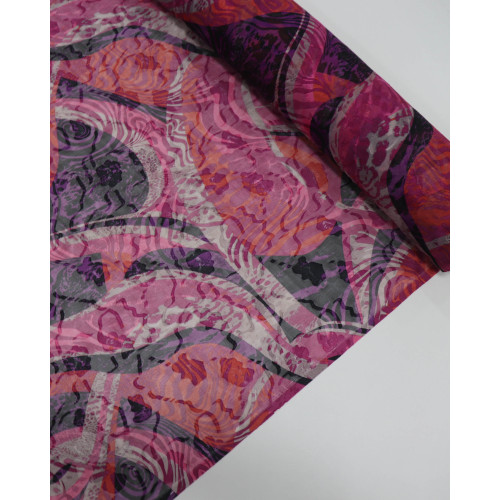 Tecido Crepe Chiffon Brocado Animal Print Ondas Laranja e Pink