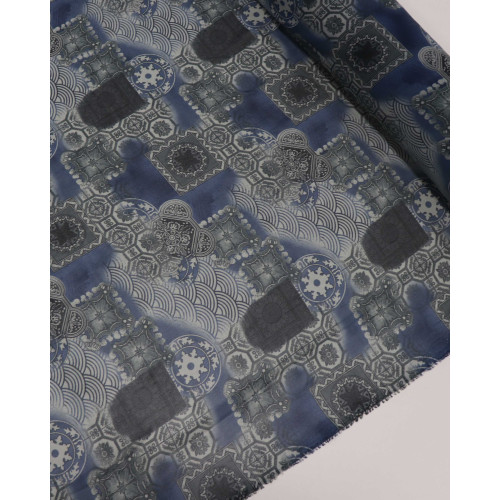 Tecido Crepe Chiffon Estampa Étnica Cinza e Azul