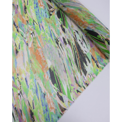 Tecido Crepe Chiffon Pinceladas Abstratas Laranja e Verde