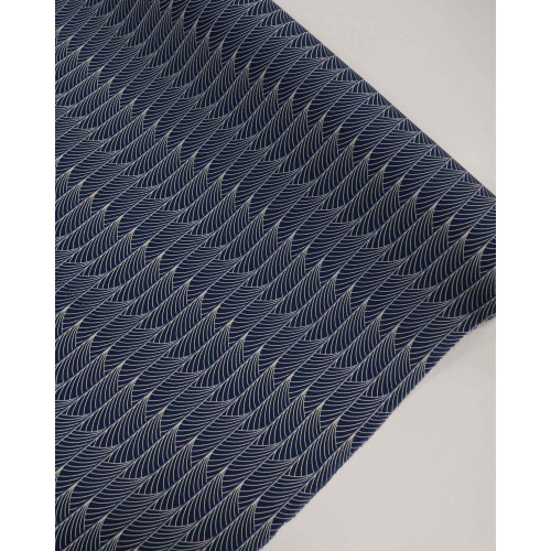 Tecido Viscose Linhas Curvas Creme e Azul Petróleo