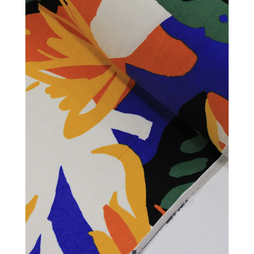 Tecido Linho Misto Estampado Macro Folhas Abstratas Colorido