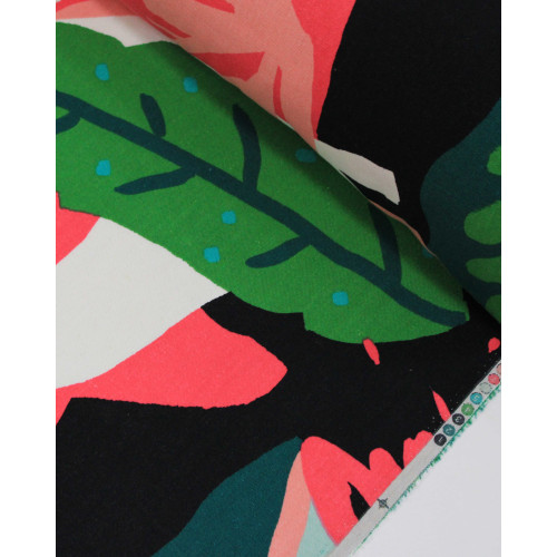 Tecido Linho Misto Estampado Macro Folhas Abstratas Verde, Rosa e Preto