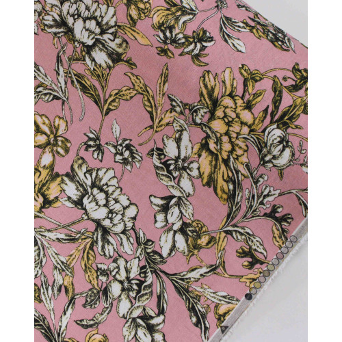 Tecido Linho Misto Estampado Ramos Florais Brando, Dourado e Rosé 