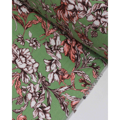 Tecido Linho Misto Estampado Ramos Florais Coral, Bege e Verde