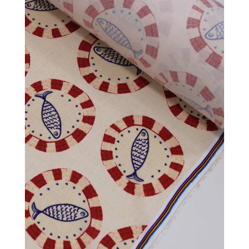 Tecido Viscose Premium Sardine em Círculos Azul, Vermelho e Bege