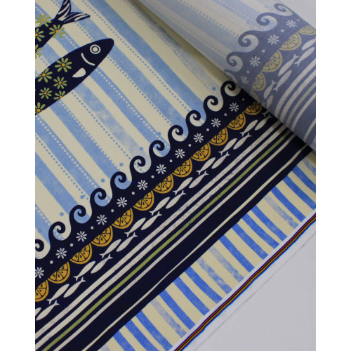 Tecido Viscose Premium Barrado Sardines Estampadas e Listras Verticais Tons de Azul e Creme