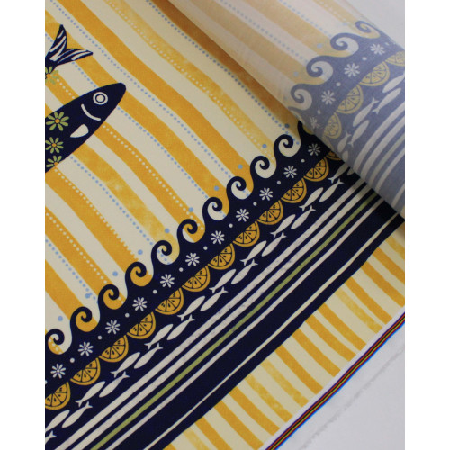 Tecido Viscose Premium Barrado Sardines Estampadas e Listras Verticais Azul, Amarelo e Creme