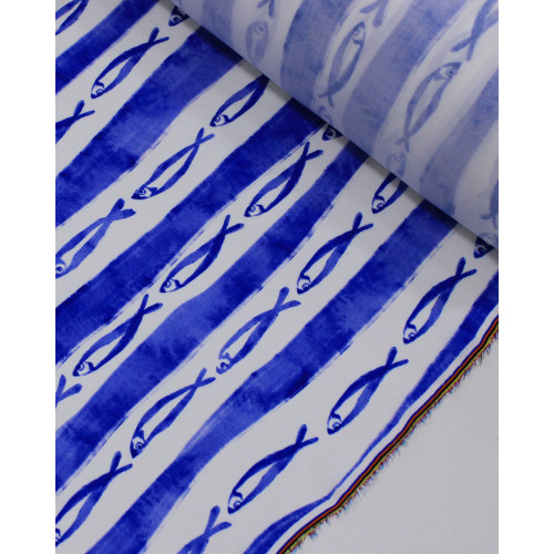 Tecido Viscose Premium Sardines em Listras Irregulares Branco e Azul