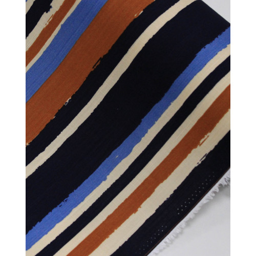 Tecido Viscose Texturizada Multi Listras Bege, Caramelo e Tons de Azul