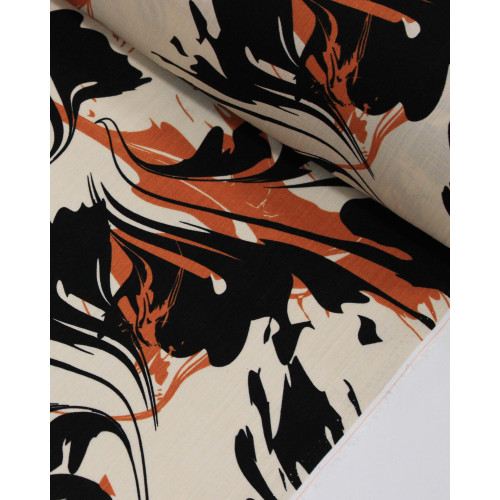 Tecido Viscose Texturizada Pintura Abstrata Terracota, Preto e Bege