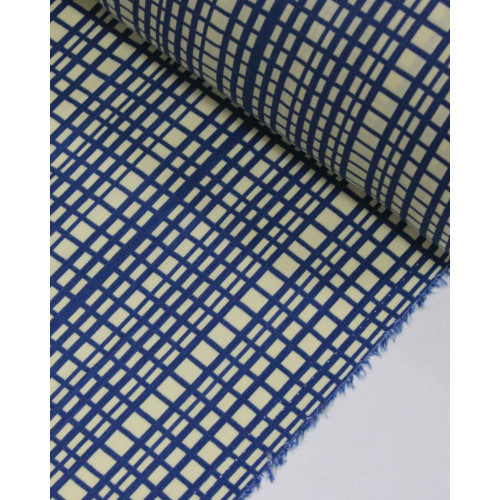 Tecido Viscose Texturizada Quadriculados Irregulares Azul e Creme