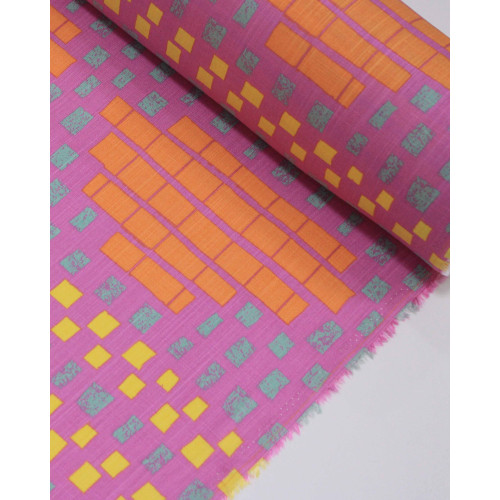 Tecido Viscose Texturizada Listras Geométricas Colorido e Rosa