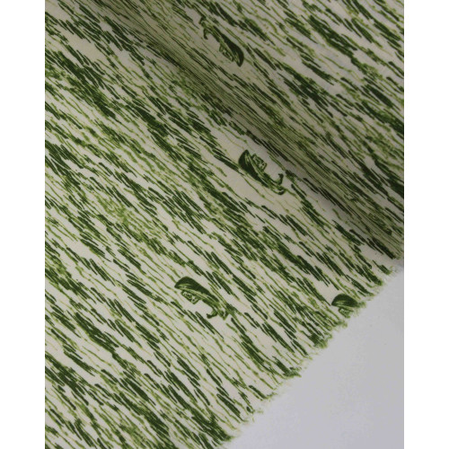 Tecido Viscose Texturizada Barcos e Mar em Riscos Tons de Verde e Offwhite