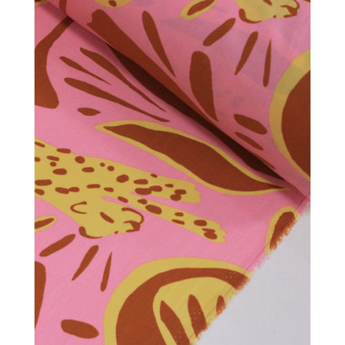 Tecido Viscose Onças Absrata Amarelo, Marrom e Rosa