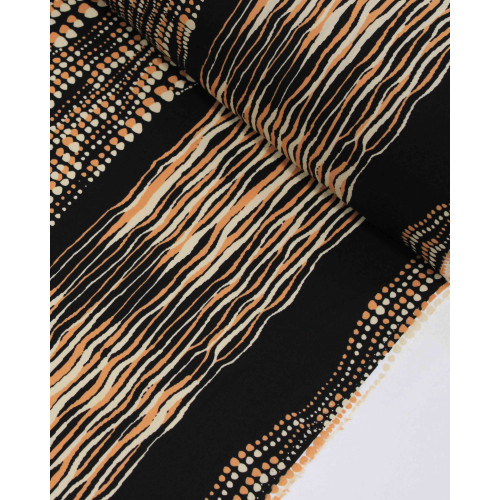 Tecido Viscose Listrado Pontilhado Irregular Argila, Bege e Preto