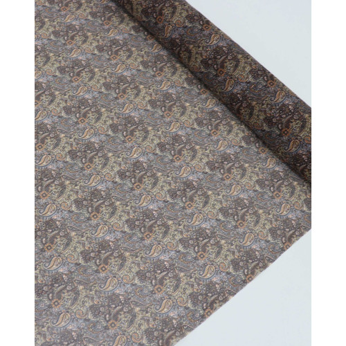 Tecido Crepe Chiffon Texturizado Italiano com Lurex Micro Paisley Dourado e Marrom
