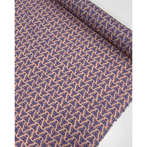 Tecido Crepe de Seda Mariposas Abstratas Azul e Rosé
