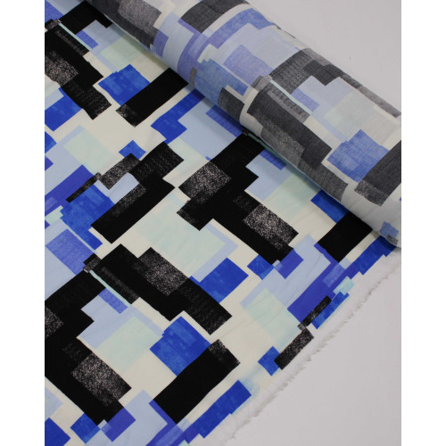 Tecido Viscose Estampa Geométrica Preto, Tons de Azul e Offwhite