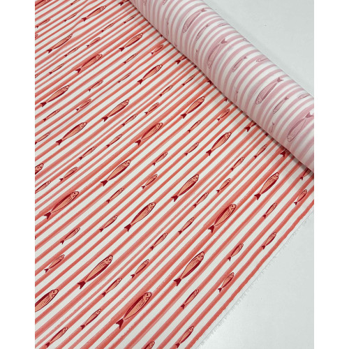 Tecido Viscose Premium Sardine em Listras Coral e Branco