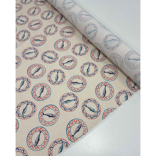 Tecido Viscose Premium Sardine em Círculos Vermelho, Azul e Lichia