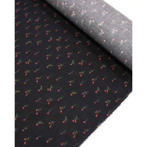 Tecido Cambraia com Algodão Micro Rosas Verde, Vermelho e Preto