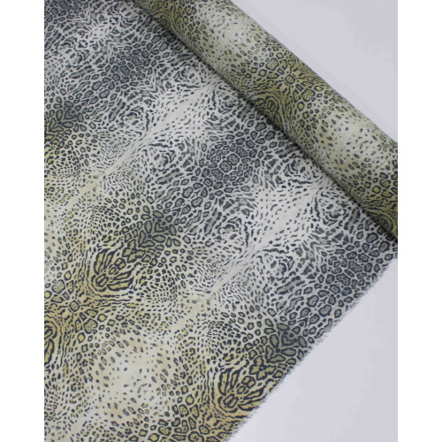Tecido Crepe de Seda Mista Animal Print em Barras Cinza e Amarelo