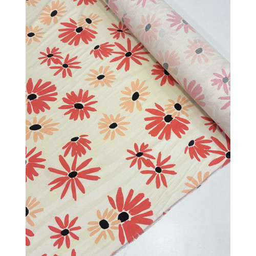 Tecido Linho Misto Tapete Floral Salmão, Coral e Creme