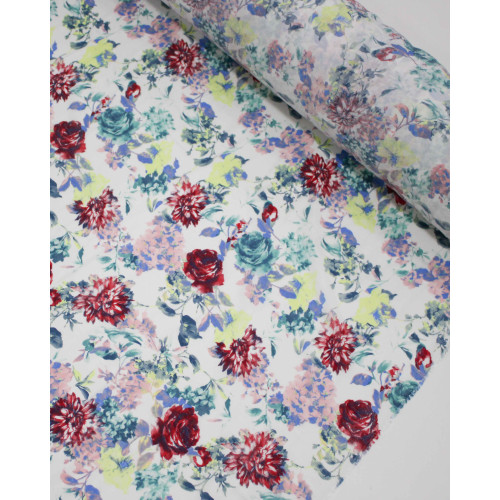 Tecido Seda Mista Campo Floral Colorido e Branco