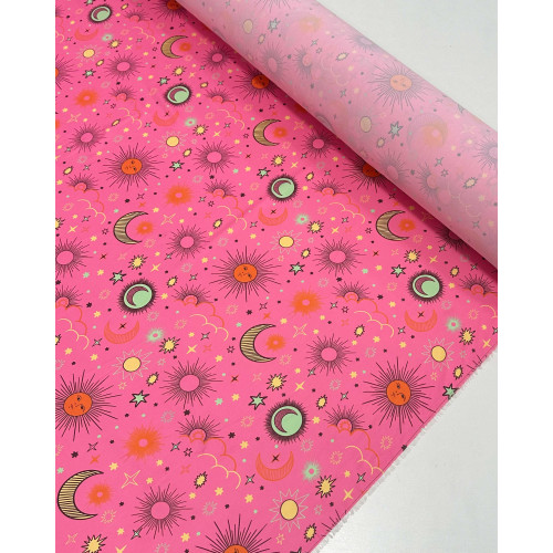 Tecido Crepe Koshibo Leve Constelação Colorido e Rosa (COM DETALHES)