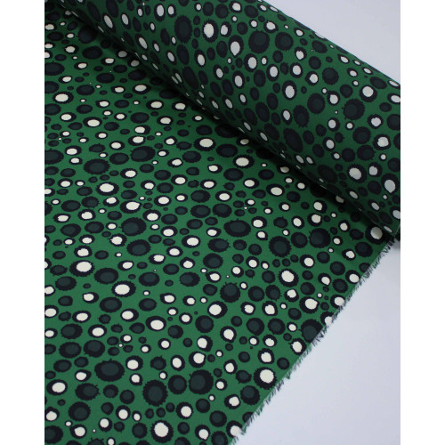 Tecido Crepe Salinas Pingos Irregulares Offwhite, Preto e Verde Floresta