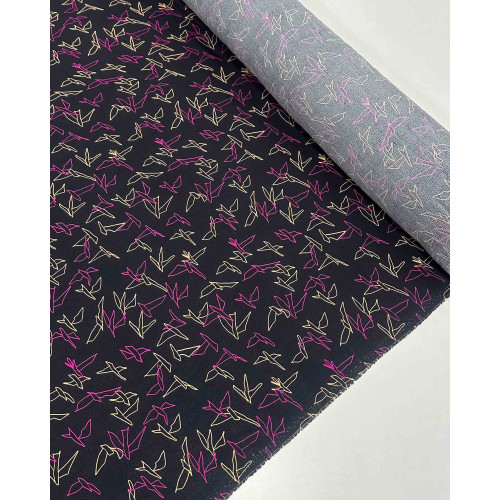 Tecido Crepe de Viscose Pássaros Abstratos Pêssego, Rosa e Preto