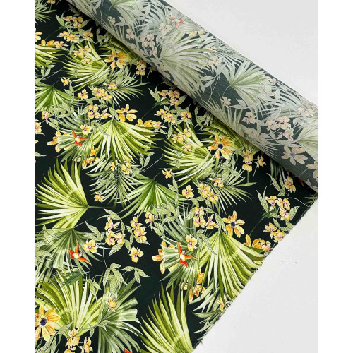 Tecido Viscose Acetinada Macro Folhagens Verde e Preto