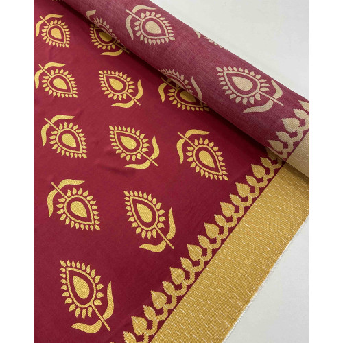 Tecido Viscose Barrado Floral Vintage Dourado e Vermelho