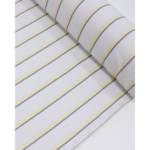 Tecido Linho Misto Listra Dupla Azul, Amarelo Requinte e Cinza Ártico