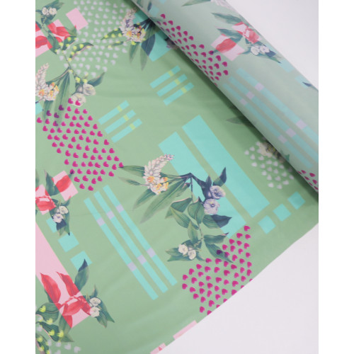 Tecido Tactel Fino Corações Flores, Formas Geométricas Colorida e Verde (1.5m)