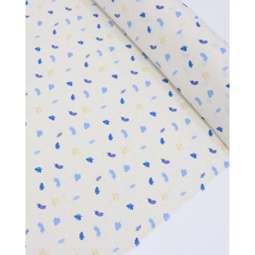 Tecido Linho Camisaria Micro Folhagens Amarelo, Tons de Azul e Cru