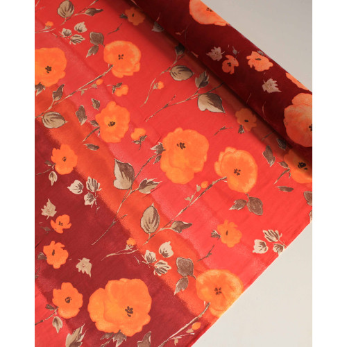 Tecido Crepe Chiffon Italiano Barrado Vertical e Flores Laranja e Tons Quentes