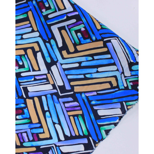Tecido Viscose Italiano Riscos Colorido e Tons de Azul