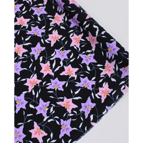 Tecido Crepe de Viscose Flores Rosa, Roxo e Preto